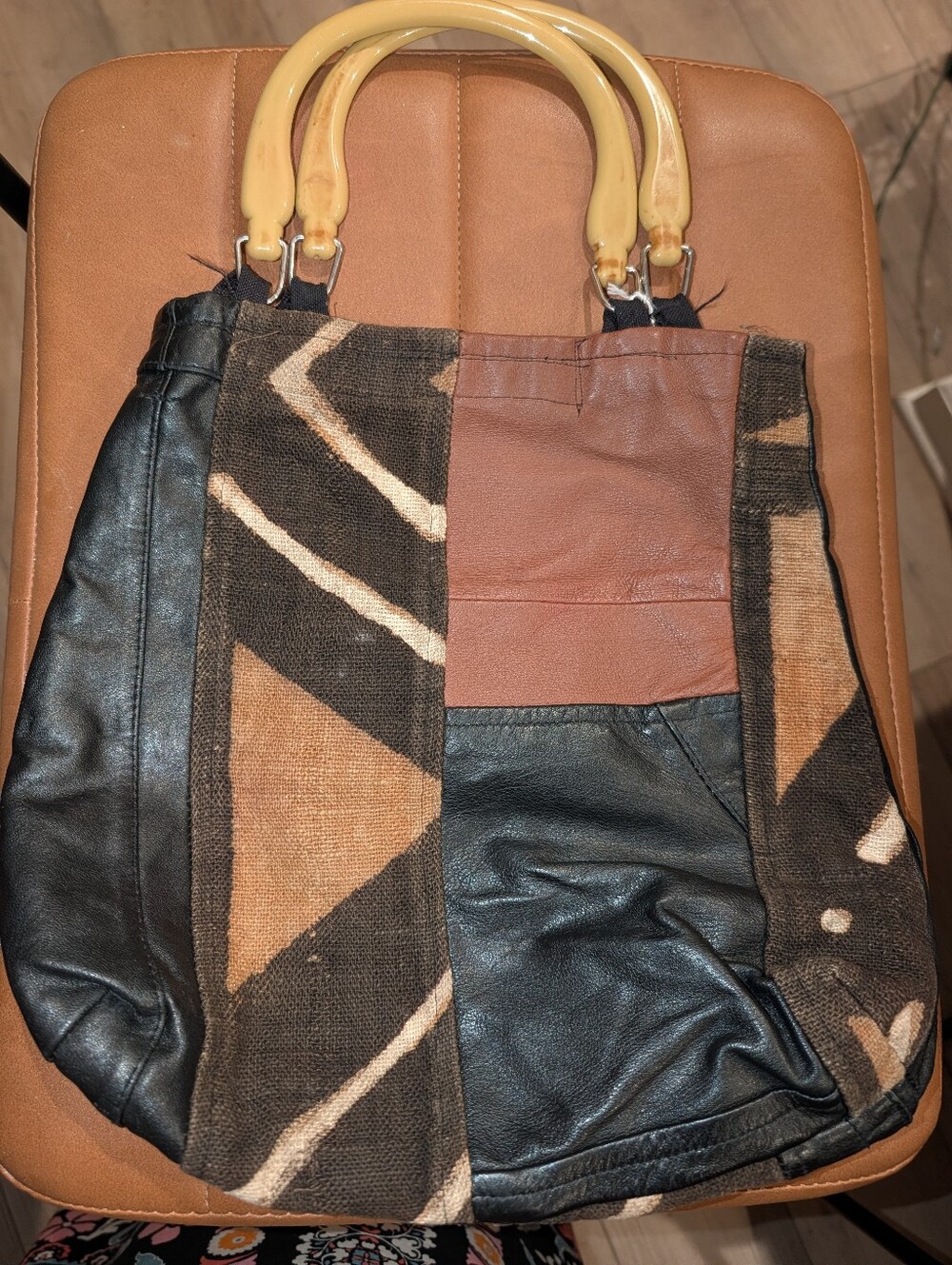 Authentic mudcloth Leather & canvas Tote with Ivory Acrylic Handles